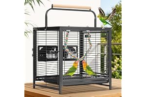 VIVOHOME 48cm Wrought Iron Bird Travel Carrier Cage with Handle Bird Transport Cage With Wooden Perch Portable Parrot Cage with Pullable Tray for Parrots Conures Lovebird Cockatiel Parakeets