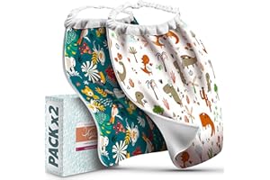 Hoxycom Grand Bavoir Bébé Elastique - Fabriqué En France - Serviette Table Enfant Coton et Eponge Bambou - Grande Taille Idéale Cantine Ou Maternelle (Lot de 2 - Dinosaures et Animaux Jungle)