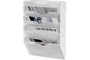 Senhoglb File Folder Organizer, 5-Tier Mesh Hanging Wall File Holder, Magazine Rack, Wall File Organizer With Pockets, Metal Document Organizer, Mail Organizer Wall Mounted for Office Home, White
