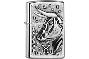 ‎ZIPPO Zippo Zapalniczka Sztormowa Zodiac TaurUS, Street Chrome, Emblemat, Wielokrotnego Użytku, Wiatroszczelny Design, Pudełko Prezentowe, Wyprodukowana w USA