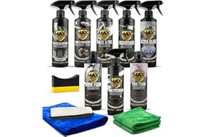 MAX DETAIL-LAB - Detailing Pack - Kit Nettoyage Voiture avec Accessoires, Lavage Extérieur Intérieur, Nettoyant Jantes, Shampoing, Cire Liquide, Brillant Pneu Plastique, Entretien Cuir Vitre Auto Moto