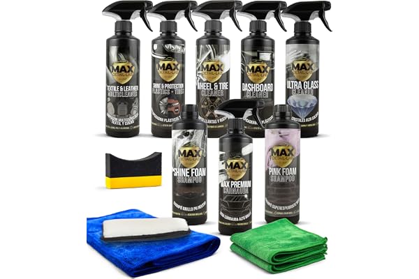MAX DETAIL-LAB - Detailing Pack - Kit Nettoyage Voiture avec Accessoires, Lavage Extérieur Intérieur, Nettoyant Jantes, Shampoing, Cire Liquide, Brillant Pneu Plastique, Entretien Cuir Vitre Auto Moto