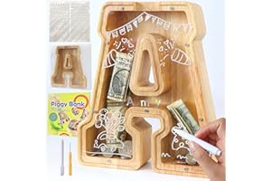 Mikytoper Wooden Letter Money Box for Kids Large Wooden Personalized A-Z Piggy Banks for Kids Boys Girls Toddler Children's, Clear Alphabet Money Bank Coin Bank Birthday Gift (A)