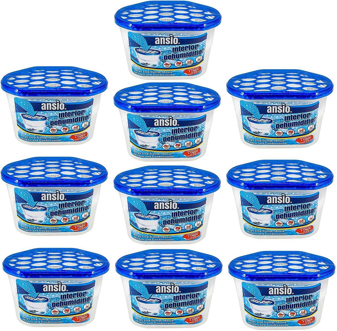 ANSIO Dehumidifier Disposable Pack of 10 Room Moisture Absorber Condensation Remover De Humidifiers for Damp, Mould in Home, Bathroom, Window, House, Kitchen, Wardrobe, Bedroom Interior Moisture Traps