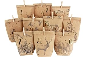 Calendrier de l'Avent DIY à remplir - 24 sacs cadeaux imprimés et 24 autocollants et pinces à numéros - motif Noir hiver confortable - pour bricoler et offrir - Noël