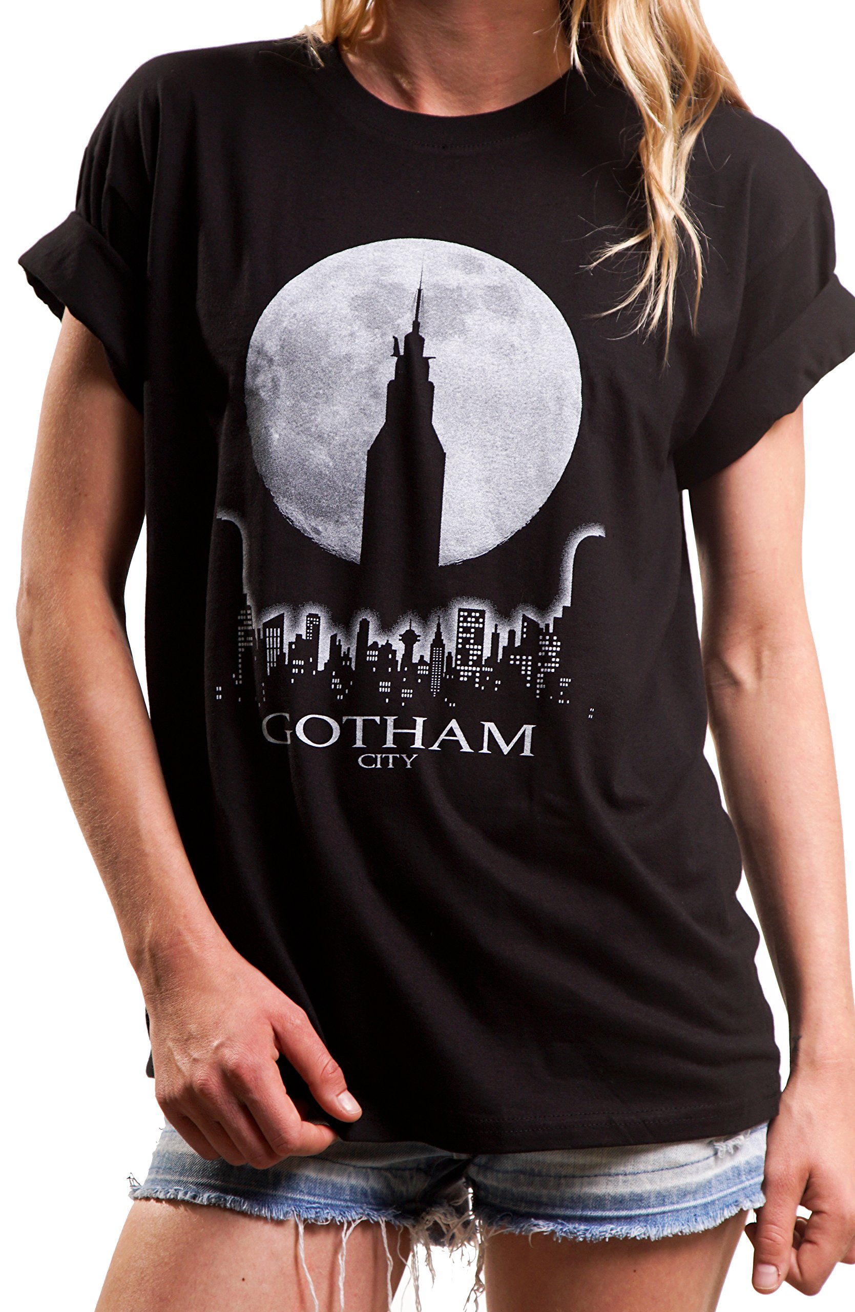 Damen-Oversize-Shirt-Gotham-Kurzarm-Sommer-Top-lssig-geschnitten-mit-Audruck-Batman-Joker-schwarz-Gre-L