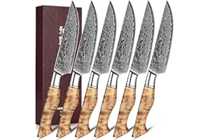 HEZHEN Juego de Cuchillos para Bistec 6 Piezas, Cuchillo de Mesa, No Dentados Juego de Cuchillos para Carne de Damasco, Mango de Madera