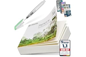 CreaTek Aquarellpapier A6 300g mit 60 Blatt [ Premium Qualität für brillante Aquarelle ] Naturweiß & Kaltgepresst Aquarellblock A6 inkl. Gratis Zubehör & Videokurs - Aquarellpapier Karten