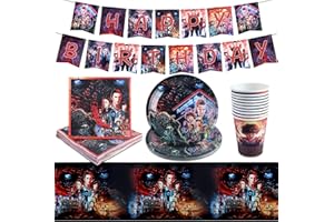 RUENIE StrangerThing Stoviglie per Compleanno Piatti, Bicchieri e Tovaglioli di Carta, Decorazioni con Tovaglia e Striscione Buon Compleanno