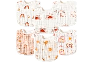 GROBRO7 6Pcs Rainbow Baby Snap Bibs Cotton Newborn Drool Bib with Adjustable Snaps for Infant Girls Teething Feeding Weaning, Soft Absorbent Baby Toddlers Shower Gifts, Machine Washable (0-36 month)