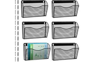 ESYLIFE Hanging File Organiser, Set of 6 Pocket Wall Mounted Magazine File Holder, Wall Magazine Rack, A4 Paper Storage Letter Shelf, Black