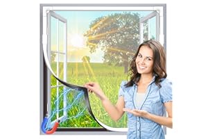 HOFUDON Adjustable Magnetic Fly Screens for Windows, Fit Up to 110x120cm, DIY Fiberglass Insect Mesh for Mosquito Net & Bug Screen, Full Frame Magnetic Strip White Frame White Mesh
