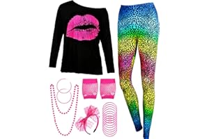 BLULU Ensemble de Costume de Femmes des Années 80, T-Shirt Pantalons Legging Boucles d'Oreilles Collier Gants Bracelet(Manche Longue Léopard,L)
