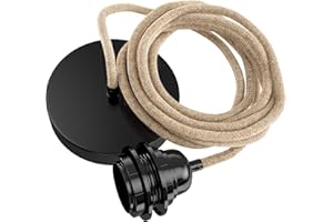 Hoopzi - Câble Suspension Luminaire Corde et Noir - Fil Electrique en Tissu 2,5m - 1 x Ampoule Douille E27 - Pour Salon, Cuisine, Chambre - Modèle Hang 1