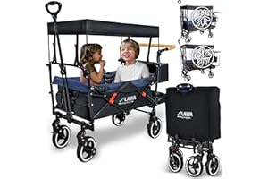 LAWA LIVING AND LIFESTYLE Faltbarer Bollerwagen mit Dach Kinder Set mit Regenhaube verlängerbar 360° schwenkbare Räder gefedert Bremse trägt 80kg SCHWARZ/BLAU Handwagen zum ziehen Transportwagen klappbar