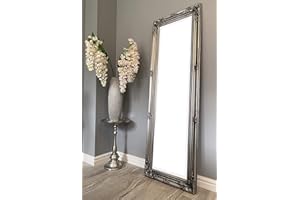 DOWNTON INTERIORS Beautifully Tall & Ornate ANTIQUE SILVER Vintage Style Dressing Wall Mirror with Bevelled Glass - Overall Size: 56 inches x 18 inches (142 cm x 47 cm)