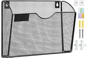 HIHOBDAY 1 Tier Mesh Hanging File Organizer Vertical Wall File Organizer Magazine Storage Rack for Office School Home, Nametag Label Hooks Set Included，Black