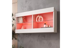 ‎KOMODEE Komodee, Hängende Vitrine Schrank Tivoli, Weiß/Weiß, Breite 100cm x Höhe 50cm x Tiefe 29cm, LED RGB, 2 Regalböden, für Wohnzimmer, Schlafzimmer, Eingang