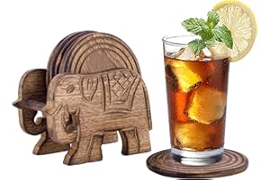 DIVIT COASTERS Divit Dessous de Verre en Bois, Ecologiques, Absorbants, au Look Antique, Faits Main, Set de 6. (Elephant)