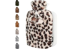 Qomfor Bolsa De Agua Caliente Con Funda Suave Funda De Felpa Premium - Gran Capacidad De 1.8L - Crema de leopardo