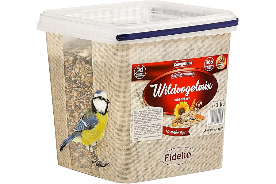 Produktabbildung zu Fidelio Wildvogelfutter, Wildvogelmix, ganzjähriges Wildvogelfutter proteinreich / energiereich, hochwertiges Vogelfutter für Wildvögel, im Eimer, 3 kg
