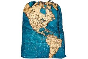 Kikkerland Borsa per bucato da viaggio, resistente, con motivo a mappa del mondo, in poliestere, con tasca integrata, anello interno e moschettone, multicolore, 41 cm x 56 cm.