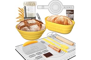 BICRET Sauerteig Ferment Set-15-teiliges Brot backen Zubehör mit Gärkorb Weizenmuster, Gärglas,Thermometer,Gärkorb Brot Silikon-Set,Teigmesser Geschenk für Anfänger (gelb)