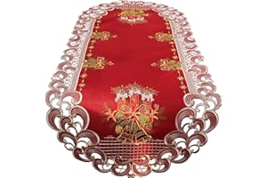 HanaQi Weihnachten Tischläufer Tischdecke Dunkelrot Leinenoptik Rot Kerzen Stickerei (ca. 45x110 cm Oval)