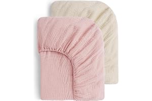 ‎YOOFOSS Yoofoss Pack of 2 Baby Fitted Sheets, 100% Muslin Cotton, 60 x 120 cm, Mattress Protector for Playpen, Soft Fitted Sheet, Bed Sheet for Baby Cot, Pram, Beige Pink