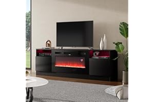 Warmiehomy Electric Fire Insert TV Stand, TV Unit with Fireplace Built in, 12 Colors Moon Light & 12 Flame Effect Support, 36" Fireplace, for 78" TV, Remote Control & Overheat Protection, Black