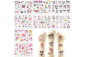 BJPERFMS Sanrio Tatuaggi per Bambini, 8 Fogli Kitty Tatuaggi Bambina, Kuromi Tatuaggi, My Melody Tatuaggi, Adesivi Sanrio, Sanrio Tatuaggi Temporanei Bambini, Regalo di Compleanno per Bambini