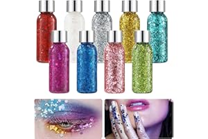 DUBUOZA 9 Bottle Paillettes Visage,Body Glitter Gel avec cuillère, 9 couleurs, pour le maquillage du visage, des ongles et des cheveux, parfaits pour Noël, les bals masqués, les fêtes et le carnaval