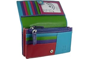 HIDE AND SLEEK Womens Leather Flapover Matinee Organiser Purse RFID Protection 10 Cards, Notes and Coins (Turquoise/Purple Multi)