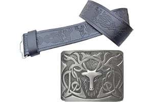 KILT MANIA Stag Head Kilt Belt and Buckle Set — Elegant Celtic Polished Pewter Design featuring a stag's head Embossed Kilt Belt Black Leather, Kilts Formal Wedding Attire