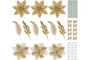 ilauke 30 Decoración de Flores de Poinsettia Artificial, Flores de Navidad Artificiales Poinsettia con 25 Clips + 25 Tallos + 10 Arcos, Adornos de Brillo para Árboles de Navidad para Bodas (Champán)