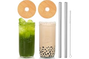 ANOTION Lot de 2 bocaux Mason avec couvercle et paille - 680,4 g - Réutilisables - Pour café glacé, margaritas, crème glacée, jus, cocktail, voyage, bureau, maison