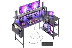 BEXEVUE L Shaped Gaming Desk with RGB LED Lights & Power Outlets, 120cm Reversible Corner Desk with Shelves & Monitor Stand, Computer Table with Storage Bag for Home Office, Carbon Black