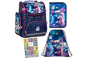 Goldkids - Schulranzen für Jungen und Mädchen, 4er-Set - Schul-Rucksack für Kinder mit Schuhbeutel Federmäppchen mit Ausstattung- Hausaufgabenheft - Katze Motiv - 1-3 Klasse