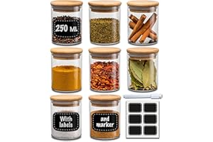 PRAKNU Słoiczki na przyprawy - zestaw 8 250ml - z etykietami i pisakiem do etykietowania - hermetyczne - można myć w zmywarce - organizer kuchenny - słoiczki na przyprawy - zioła i herbata