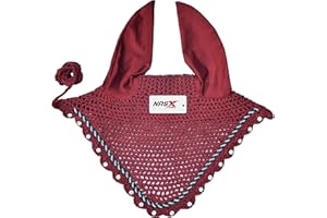 NASX SPORTS Diamante Crystal Horse Fly Hood Veil Ear Bonnet Flyveil Cotton Crochet Handmade Glitter (FULL, Burgundy)