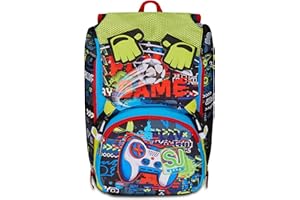 SEVEN SJ GANG STYLE JAM GANG Zaino Scuola Estensibile, Nero Rosso, FunnyGoal, Zaino Doppio Scomparto Estensibile Tramite Zip Laterali, Tasca Porta Borraccia, Scuole Elementari e Medie, Bambino Ragazzo