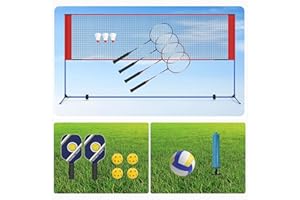 WildFun Badminton Netz Set, Foldable Volleyball Netz mit 4 Schläger, Height Adjustable 91 bis 157 cm, Tragbares Set mit Volleyball & Pickleball Schläger & Badminton Schläger, für Garten Indoor Outdoor