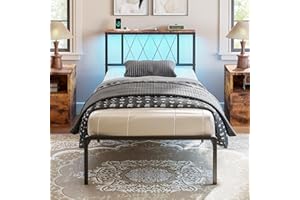 IRONCK Single Bed Frame, Headboard with Charging Station/LED Lights, 3ft Metal Bed Frame with Storage, Solid and Stable, Noise Free, No Box Spring Required, Easy Assembly