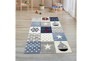 TEPPICH-TRAUM Dywan dziecięcy, dywan do zabawy, dla chłopców, w kratkę, niebieski, kremowy, szary, 80 x 150 cm