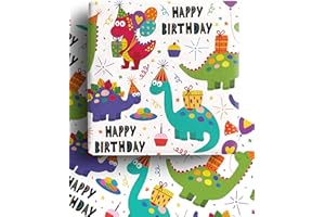 DELECO 4 x Dinosaur Wrapping Paper Sheets 70cm x 50cm for Boys and Girls - Premium Recyclable Dino Gift Wrap for Kids Birthday. Made in the UK