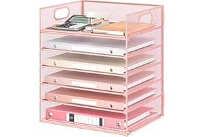 VITVITI 6 Niveaux Organisateur de Bureau Maille Métallique, Rangement de Papier avec Poignée, Banette de Rangement Bureau Corbeille a Courrier Range Document Bureau, Rose
