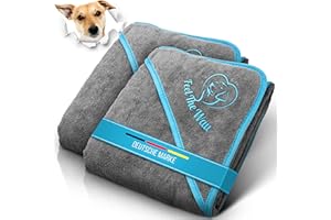 FeelTheWau Hundehandtuch kleine Hunde - 2er Set - Hundehandtuch Extra saugfähig - Hunde Handtuch mit Taschen - Beliebtes Geschenk Hundebesitzer - Design grau türkis - 90x50 cm