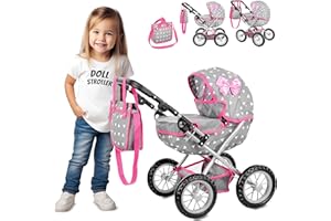 Kinderplay Dolls Pram | Toy Pram Age 3+ | Baby Doll Pram - Toy Pushchair | Dolls Buggy | Dolls Pushchair | Doll Stroller with Adjustable Handle (33-63 cm), model KP0262S