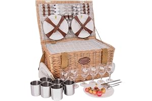 Les Jardins de la Comtesse - Wiklinowy kosz piknikowy - 6 osób/izolowana chłodziarka/talerzy/kieliszki do wina/aluminiowe podkładki - tkanina w kolorze białym i szarym - 50 x 35 x 26 cm