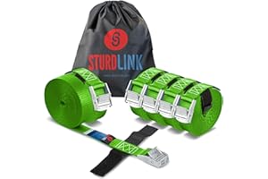 STURDLINK Juego de 6 Pequeñas Correas de Sujeción 4m 25mm 250kg con Hebilla Rápida y Sistema para Atar + Bolsa | para Bicicletas, Porta Equipajes Coches Techo, Remolques, Surf, Canoas, Carga, Camping